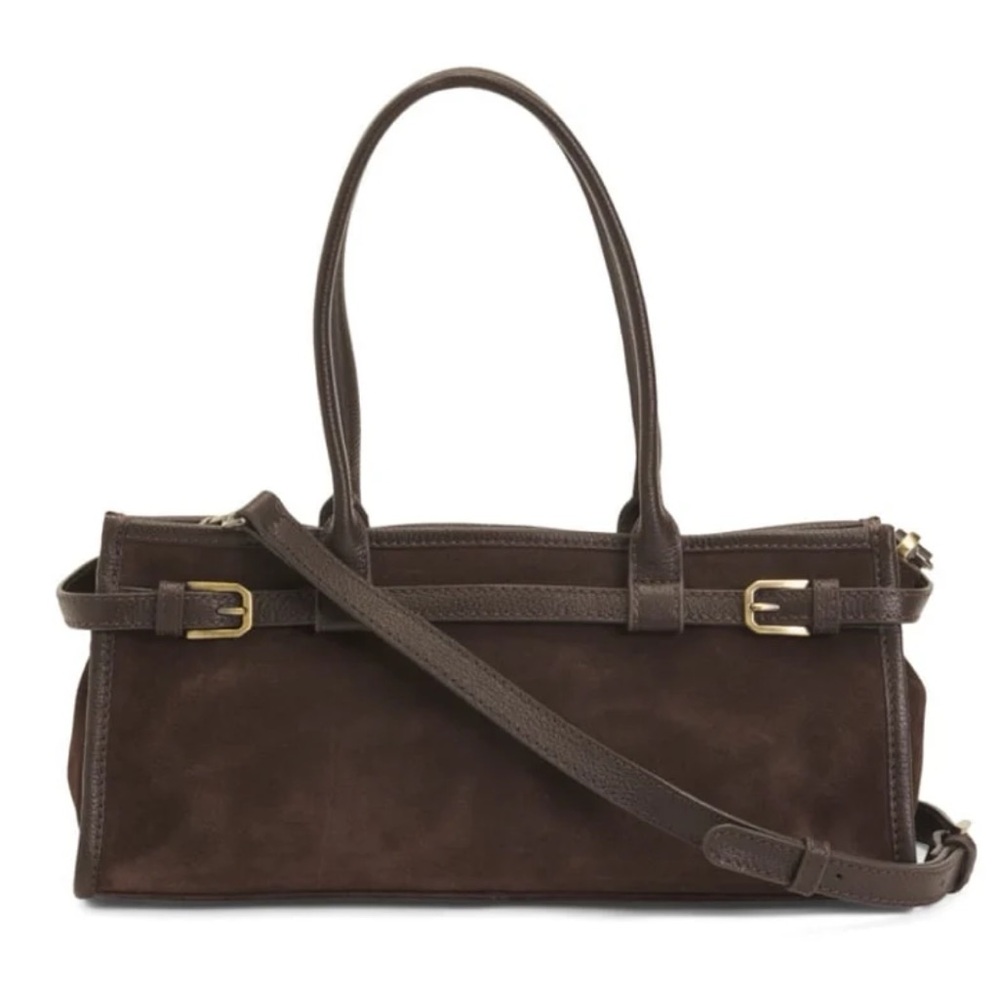 NWT Suede Genuine Leather Chocolate Dark Brown East West Bag Made in India New - Picture 1 of 15